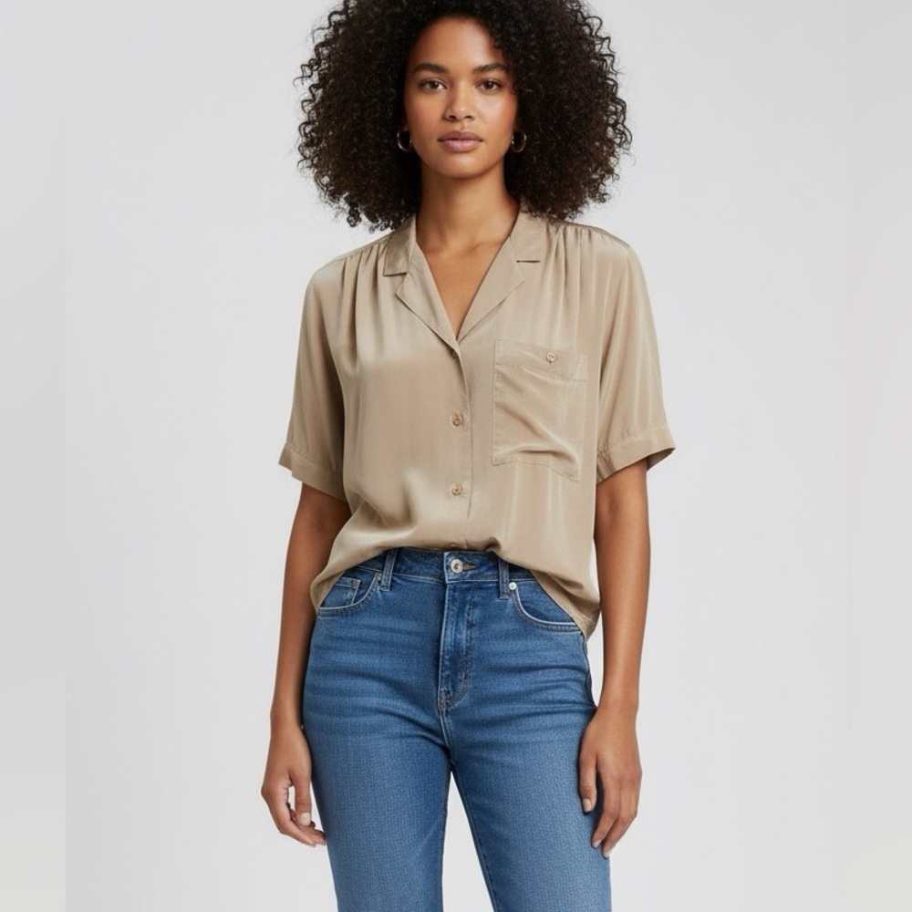 Rafaella Silk Beige Short Sleeve Button-Up Shirt Size 10